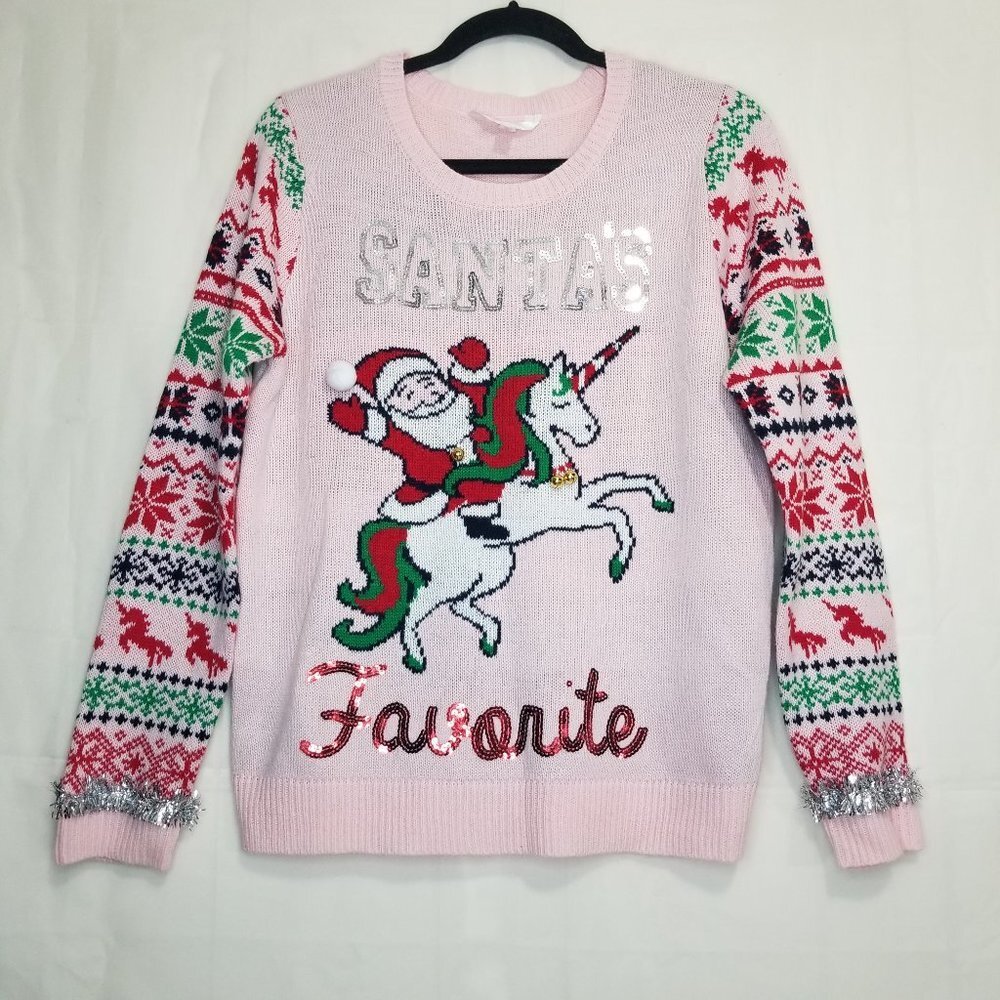 No Boundaries Santas Favorite Ugly Christmas Sweater pink sz L junior bells xmas